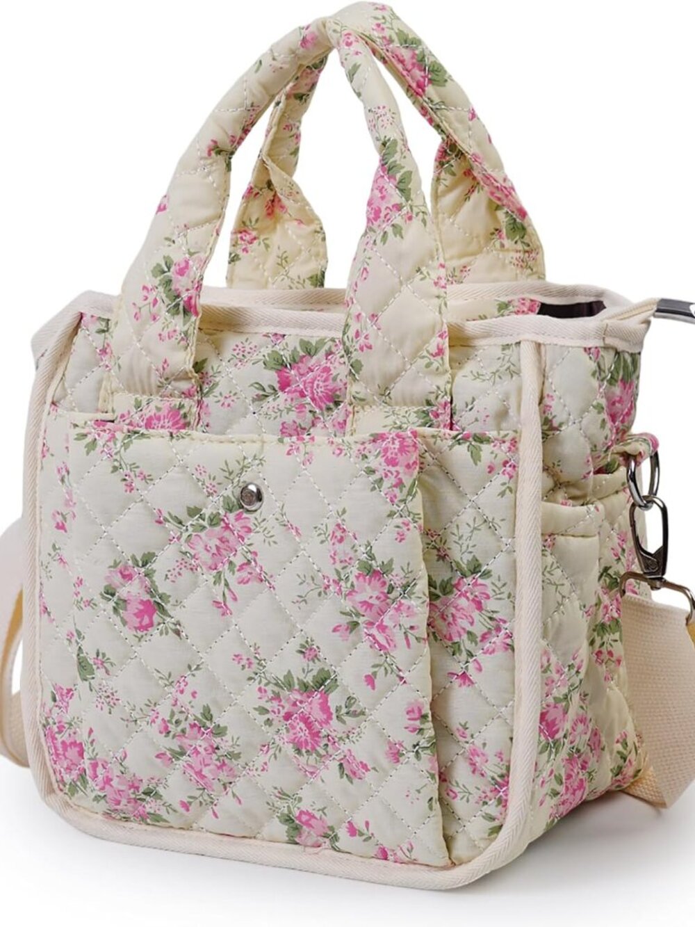 Small Floral Quilted Tote Bag for Women, Cute Crossbody Shoulder Purse with Pock